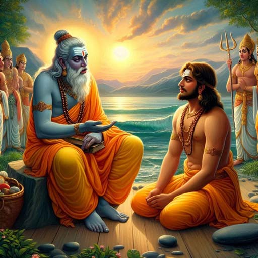 Ilustración del diálogo, relatado en el Aitareya Upanishad, entre Prajapati y el sabio Aruni, donde se transmite la enseñanza del camino del Sannyasa y la renuncia como vía hacia la iluminación.