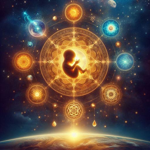 Ilustración mística del Garbha Upanishad que representa la gestación del embrión y la unión entre los elementos sagrados y la divinidad, simbolizando la doctrina esotérica de la formación del Ser.