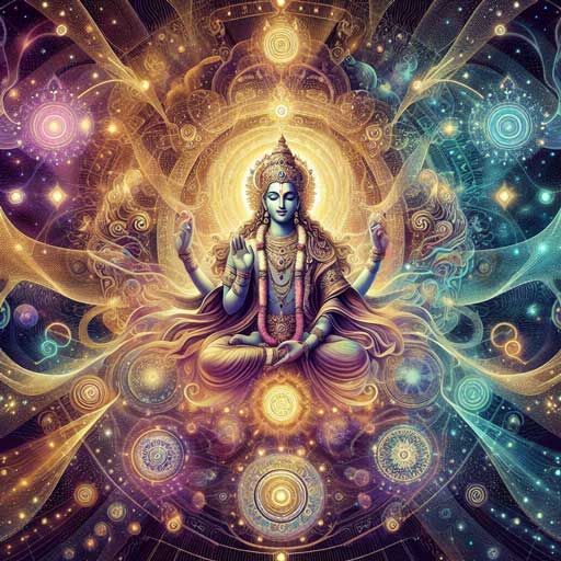 Ilustración mística del Narayana Upanishad que muestra a Narayana (viṣṇu) en forma cósmica, rodeado de símbolos védicos y galaxias, representando la unidad divina del universo.