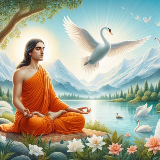 Ilustración de un Paramahamsa yogui en meditación profunda en un entorno natural, representando la renuncia absoluta y la unidad con Brahman, según el Paramahamsa Upanishad.